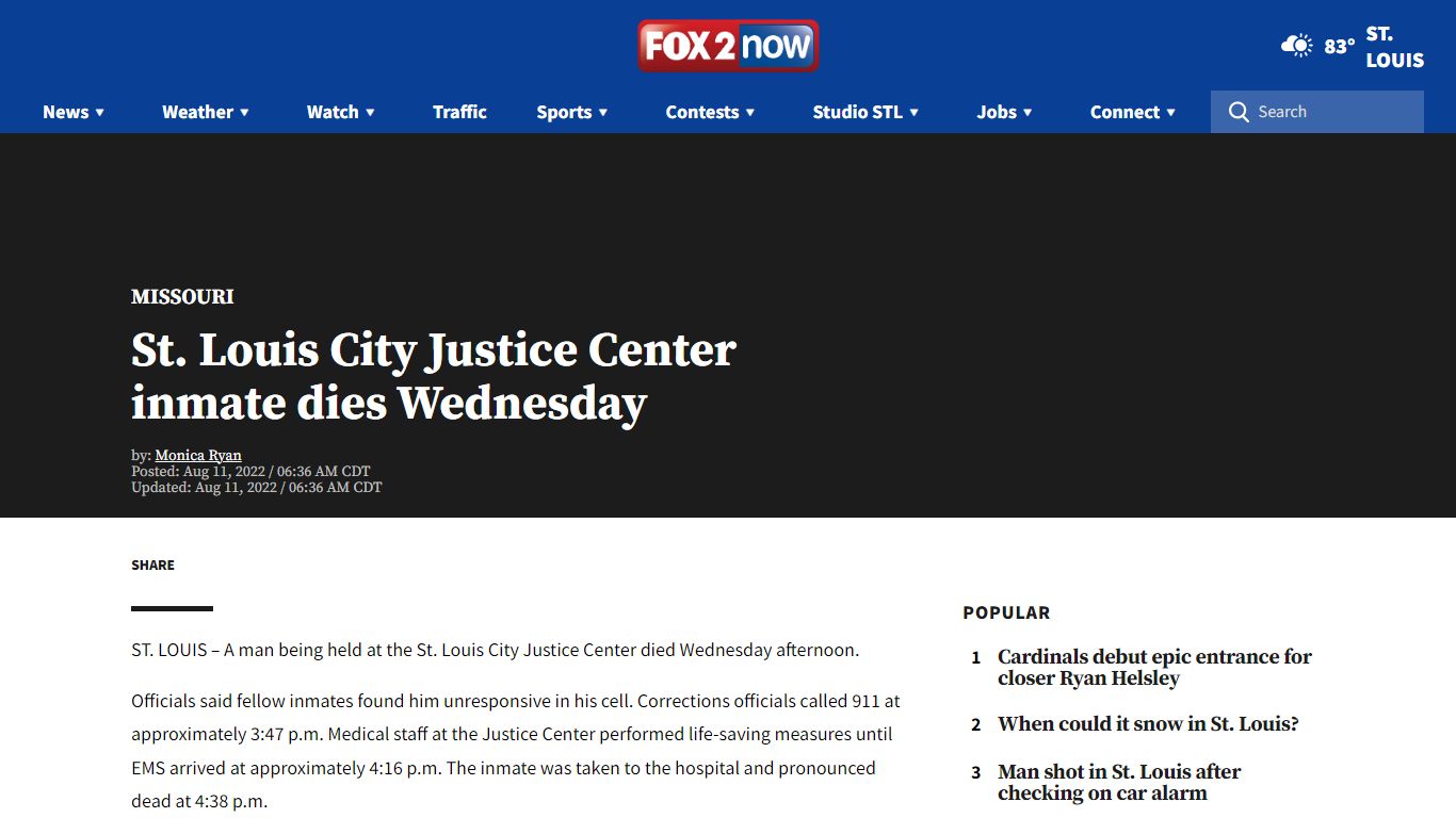 St. Louis City Justice Center inmate dies Wednesday | FOX 2